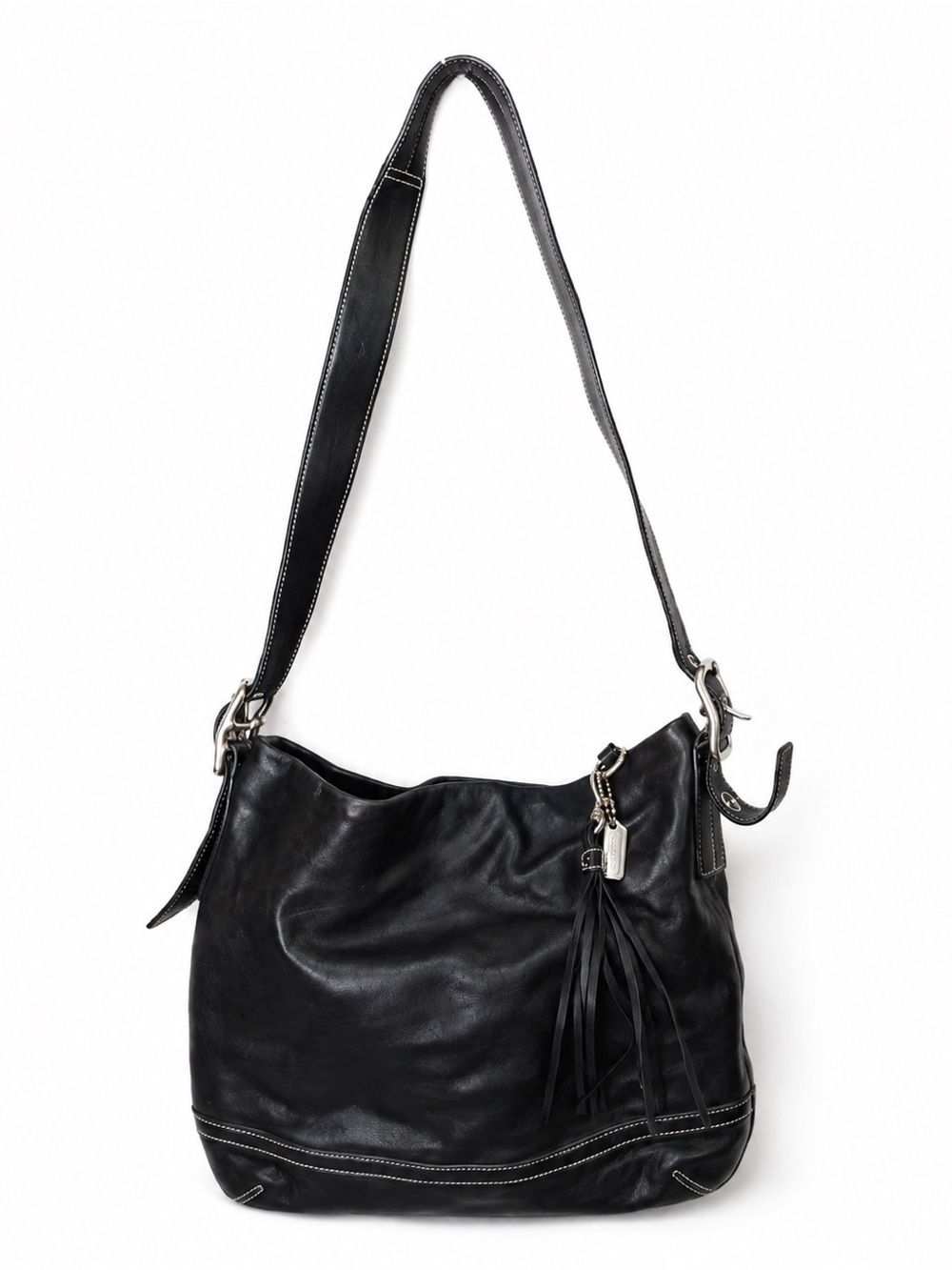 Coach Black Leather Hobo Bag with Tassel Charm